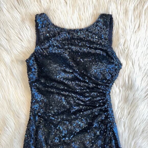 Adrianna Papell Sequin Sleeveless Scoop Back Gown Sparkle Maxi Dress Navy Blue - Picture 6 of 15